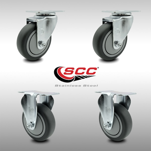 4 Inch SS Thermoplastic Rubber Wheel Swivel Top Plate Caster Set with 2 Rigid